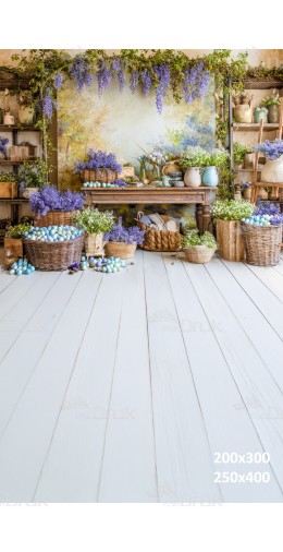 Tło fotograficzne „Wiosenna aranżacja z fioletową wisterią i pastelowymi pisankami” | E616